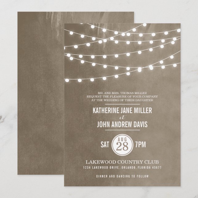 Taupe String Lights Wedding Invitation (Front/Back)