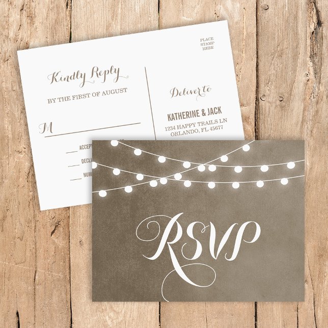 Taupe String Lights Wedding RSVP Postcard (Creator Uploaded)