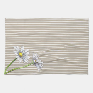 Taupe Striped Floral Watercolor Daisy Tea Towel