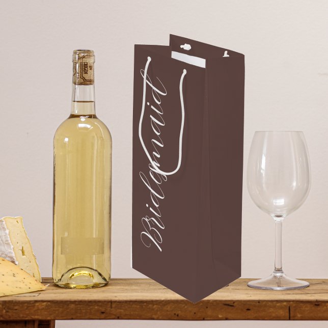 Taupe Stylised Script Wedding Bridesmaid Wine Gift Bag (In Situ)