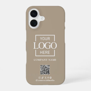 Taupe Stylish Minimalist Business Logo & QR Code iPhone 16 Case