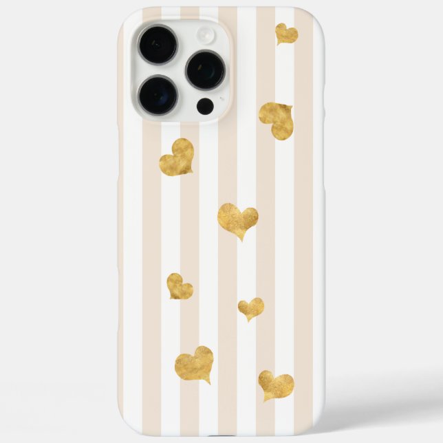 Taupe Tan Beige Stripe Gold Hearts Case-Mate iPhone Case (Back)