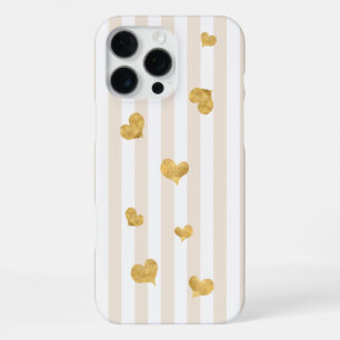 Taupe Tan Beige Stripe Gold Hearts iPhone 16 Pro Max Case