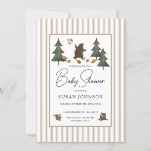Taupe Tan Brown Woodland Bear Baby Boy Shower Invitation