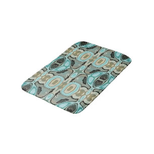 Taupe Teal Aqua Turquoise Bali Batik Pattern Bath Mat