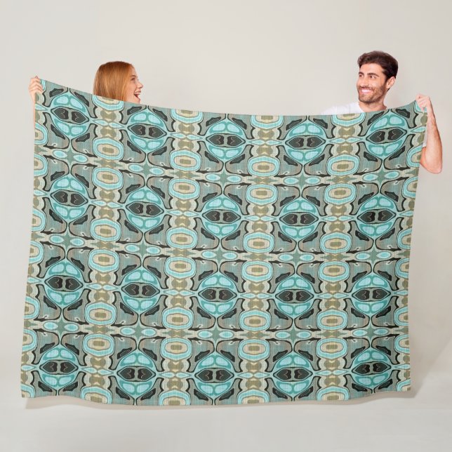 Taupe Teal Aqua Turquoise Hip Bohemian Bali Art Fleece Blanket (In Situ)