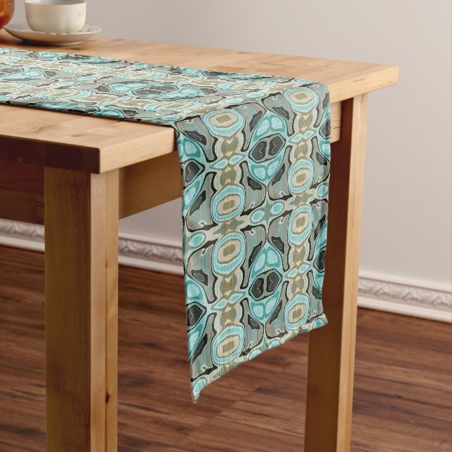 Taupe Teal Aqua Turquoise Hip Bohemian Bali Art Short Table Runner (In Situ)