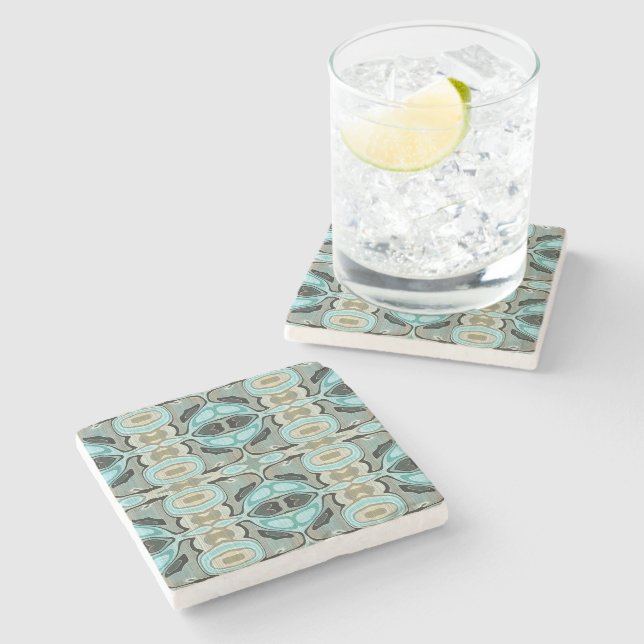 Taupe Teal Aqua Turquoise Hip Bohemian Bali Art Stone Coaster (Side)