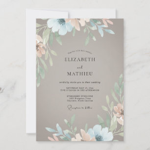Taupe Teal Leafy Wedding Invitation