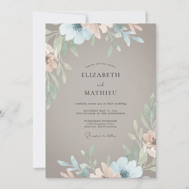Taupe Teal Leafy Wedding Invitation (Front)