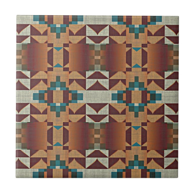 Taupe Terracotta Teal Blue Green Ethnic Tribe Art Tile (Front)