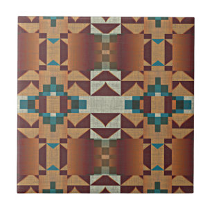 Taupe Terracotta Teal Blue Green Ethnic Tribe Art Tile