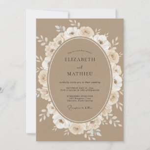 Taupe Warm Ivory Wreath Wedding Invitation