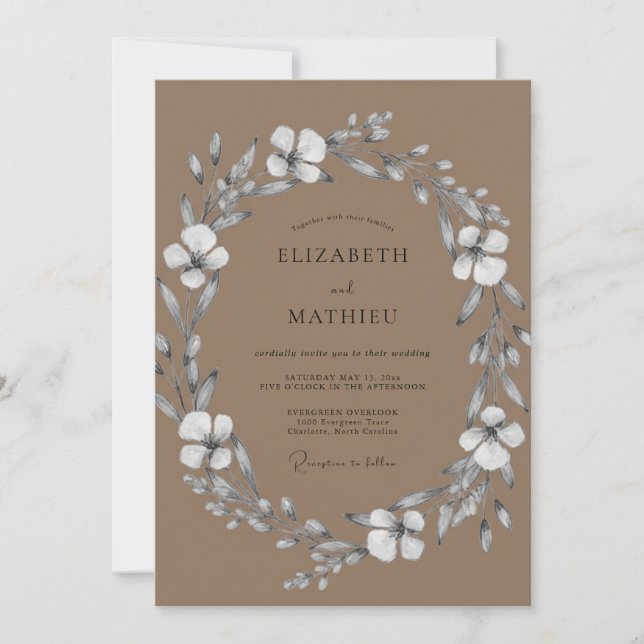 Taupe Warm Silver Petal Wedding Invitation (Front)