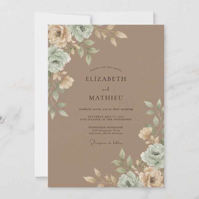 Taupe Watercolor Leaf Wedding Invitation (Front)