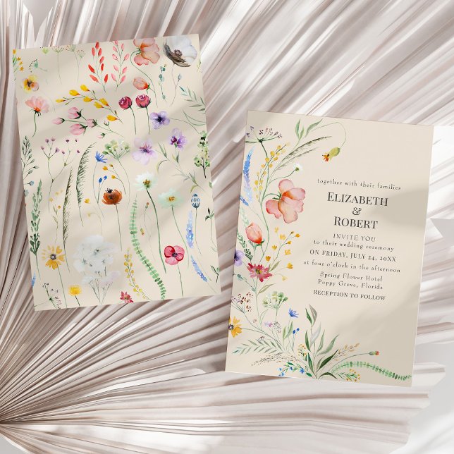 Taupe Watercolor Wildflower Wedding Invitation (Taupe Watercolor Wildflower Wedding Invitation on a sunny neutral dry palm leaf.)