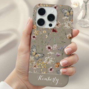 Taupe Watercolor Wildflowers Pattern Name iPhone 15 Pro Case