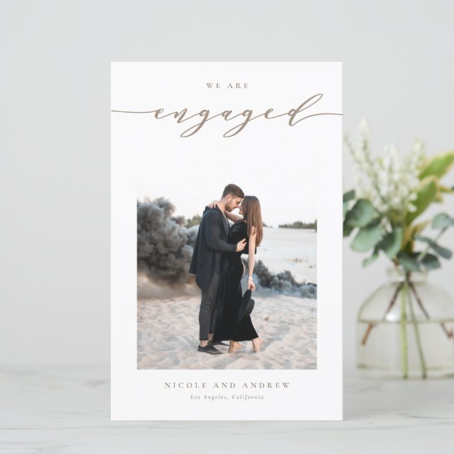 Taupe Whimsical Script Engagement Announcement (Standing Front)
