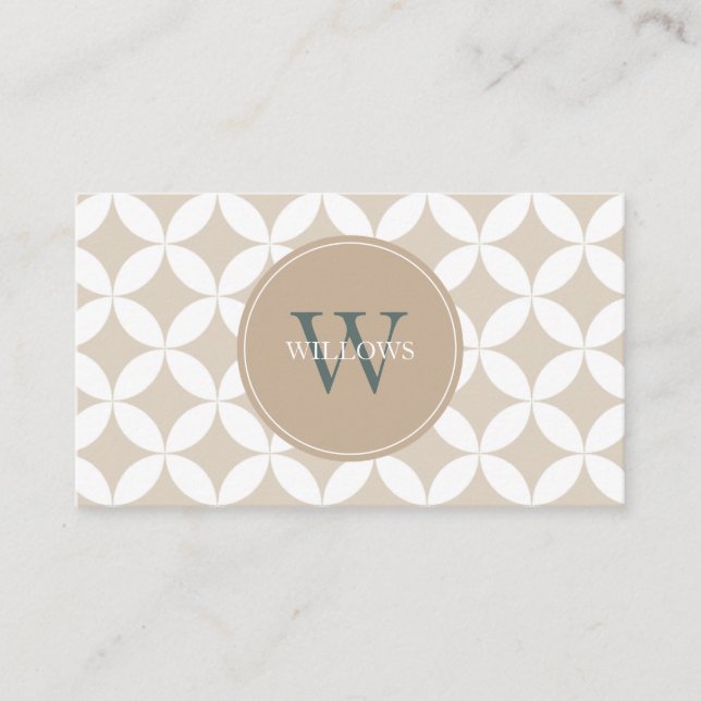 Taupe, White and Sage Green Monogram Business Card (Front)