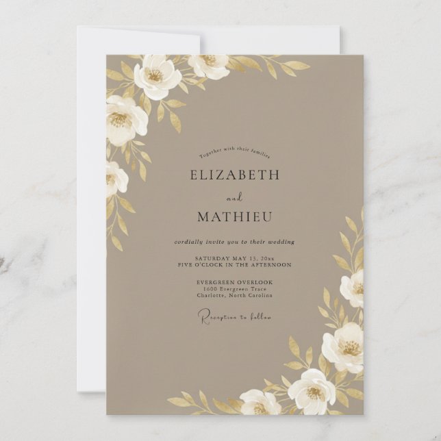 Taupe White Blossom Wedding Invitation (Front)