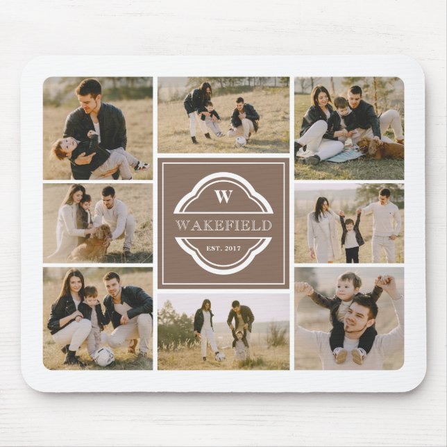 Taupe White Monogram & Year Photo Collage Mouse Mat (Front)