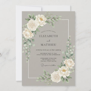 Taupe White Peony Wedding Invitation