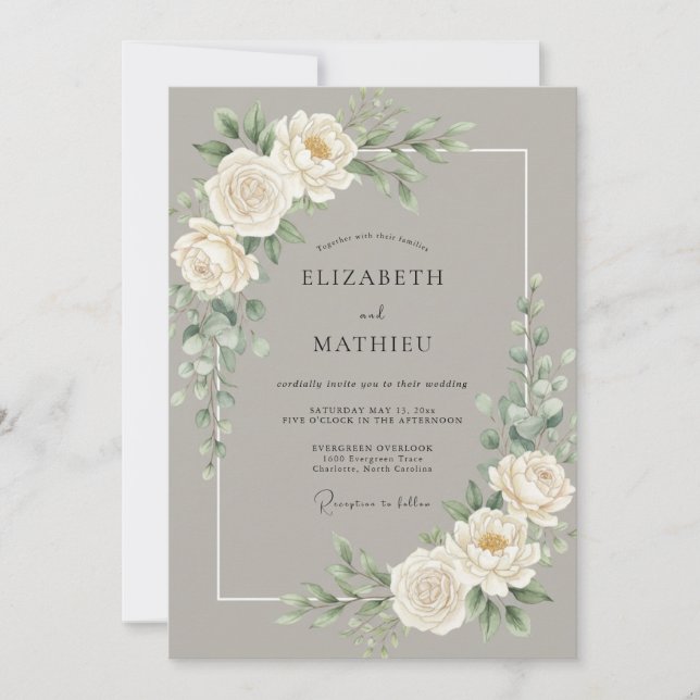 Taupe White Peony Wedding Invitation (Front)