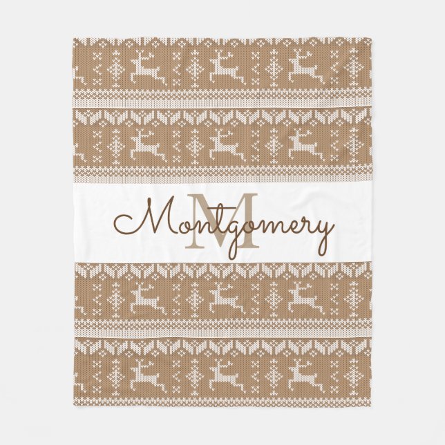 Taupe & White Reindeer Nordic Sweater Pattern Fleece Blanket (Front)