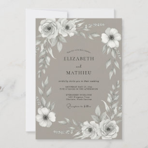 Taupe White Rose Wedding Invitation