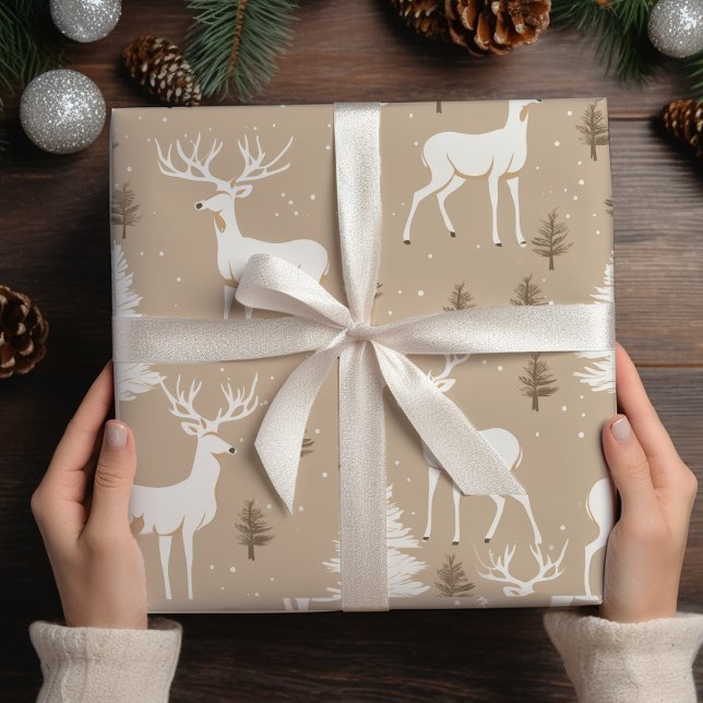 Taupe & White Scandinavian Reindeer Woodland Wrapp Wrapping Paper (Creator Uploaded)