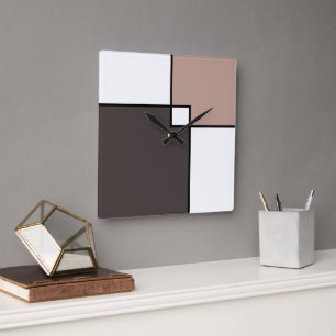 Taupe White Squares  Square Wall Clock