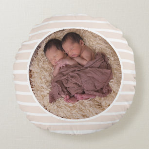 Taupe & White Stripes Circle Family Photo & Name Round Cushion