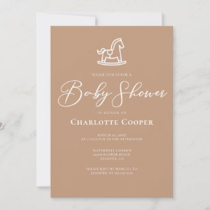 Taupe White Typography Baby Shower Rocking Horse Invitation