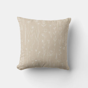 Taupe Wildflower Line Art Floral Throw Pillow
