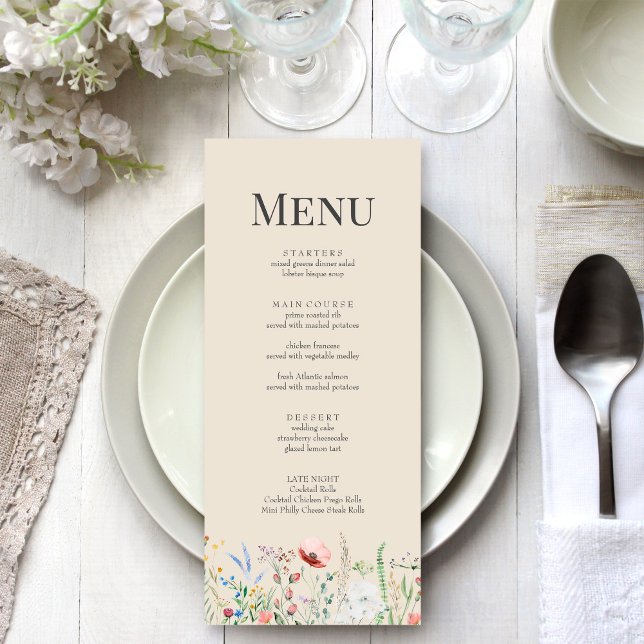 Taupe Wildflower Meadow Wedding Menu Card (Taupe Wildflower Meadow Wedding Menu Card on a boho white wedding dinner table.)