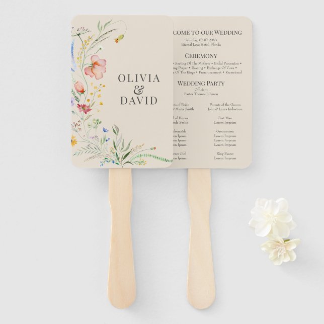 Taupe Wildflower Meadow Wedding Program Hand Fan (Front and Back)