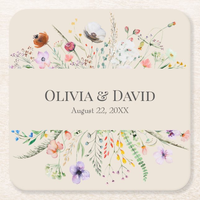 Taupe Wildflower Meadow Wedding Square Paper Coaster (Front)