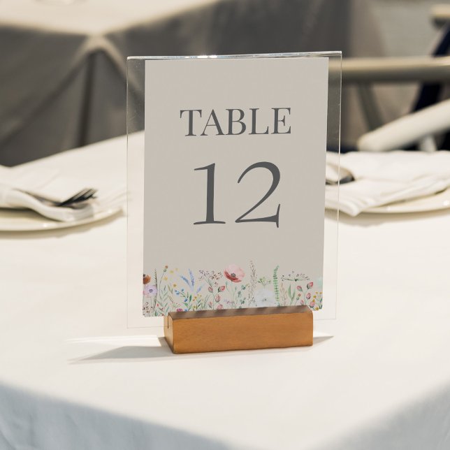 Taupe Wildflower Meadow Wedding Table Number Card (Taupe Wildflower Meadow Wedding Table Number Card on a sunny white wedding table.)