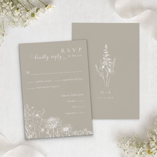 Taupe Wildflower RSVP Card Neutral Wedding Insert (Taupe RSVP Wedding Insert)