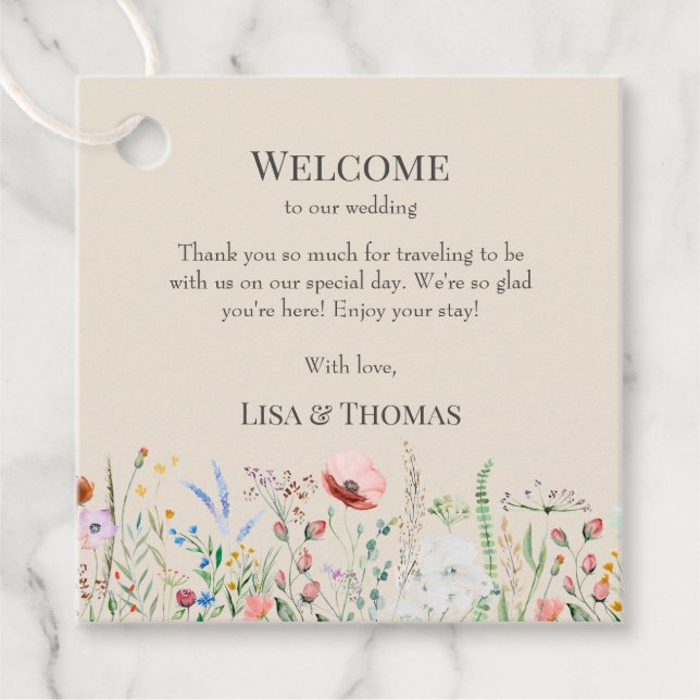 Taupe Wildflowers Meadow Wedding Welcome Gift Tag (Front)