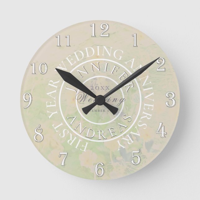 TaupeFloral Medallion 1st Year Wedding Anniversary Round Clock (Front)