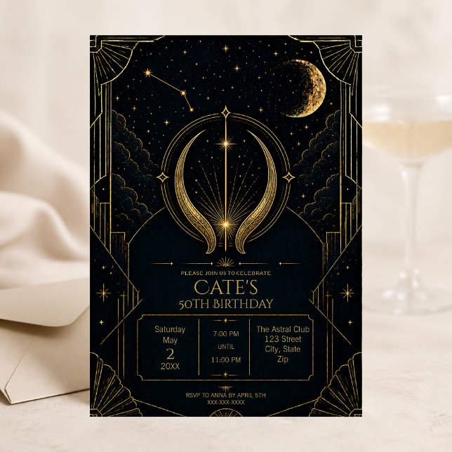 Taurus 50th Birthday Invitation | Elegant Dark (Elegant Taurus 50th birthday invitation with luxurious dark Art Deco celestial zodiac styling.)