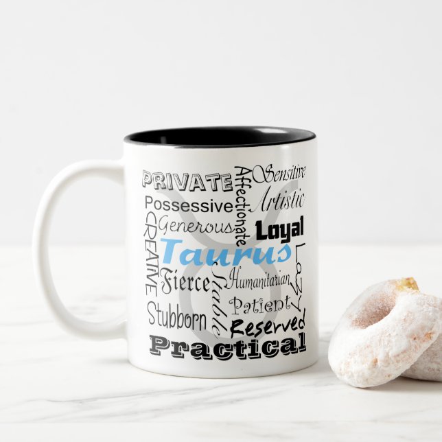Taurus Astrology Zodiac Horoscope Collage Traits Two-Tone Coffee Mug (With Donut)