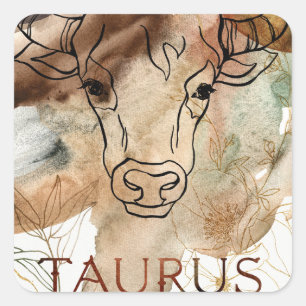 Taurus bull brown gold flowers planets astrology  square sticker