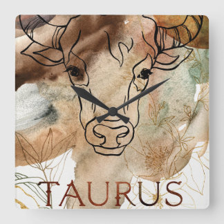 Taurus bull brown gold flowers planets astrology square wall clock