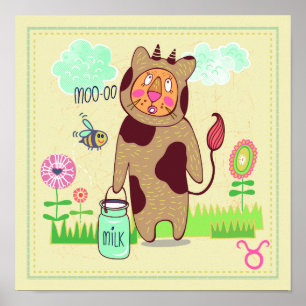 Taurus Bull Cat Zodiac Nursery Print