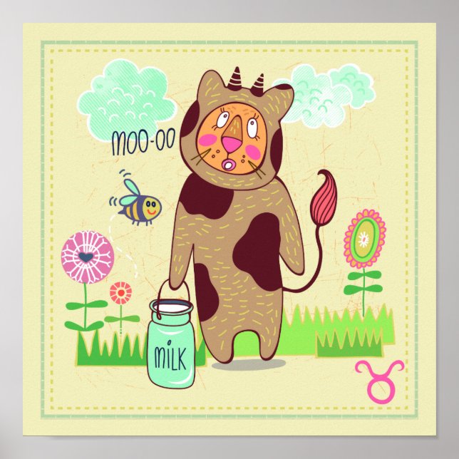 Taurus Bull Cat Zodiac Nursery Print (Front)