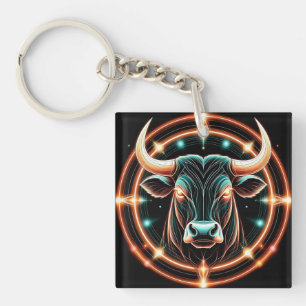Taurus Bull Illustration with Neon Lighting Key Ring