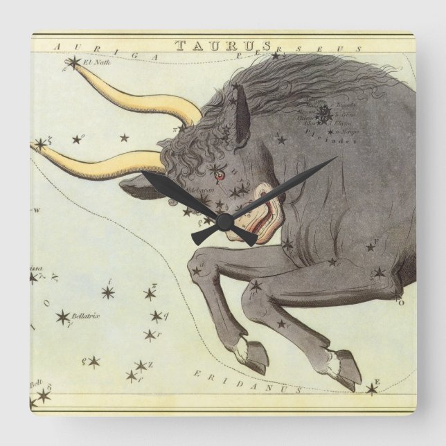 Taurus Bull, Vintage Constellation Urania's Mirror Square Wall Clock (Front)
