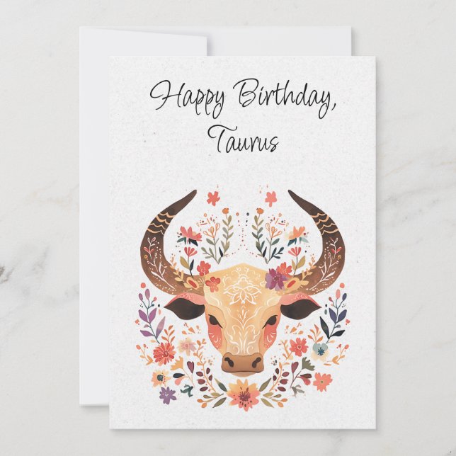 Taurus Bull Zodiac Boho Floral Birthday Card (Front)
